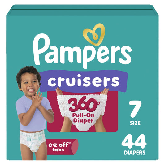 Diapers Size 7, 44 Count - Pampers Pull On Cruisers 360° Fit Disposable Baby Diapers with Stretchy Waistband, Super Pack (Packaging May Vary)