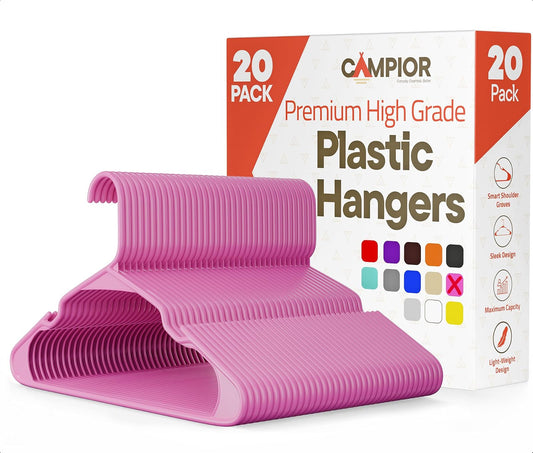 Campior Premium Clothes Hangers – Space-Saving Slim Design, Lightweight and Durable Plastic with Smart Shoulder Grooves, Versatile Usage for Organizing Laundry, Coats, and Clothes, Pink, Pack of 20
