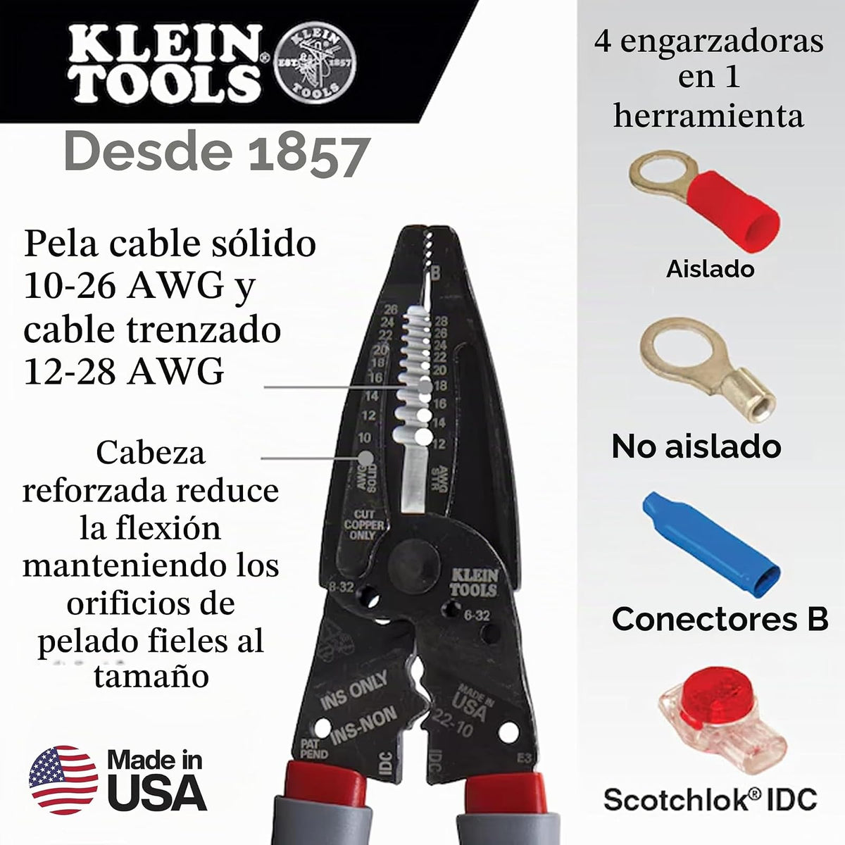 Klein Tools 1019 Klein Kurve - Pelacables para conectores B e IDC, fabricado en Estados Unidos, terminales, más