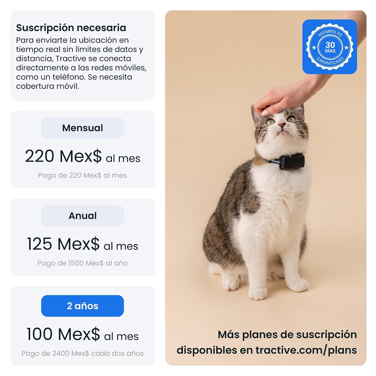 Tractive - Rastreador GPS y monitoreo de Salud para Gatos (6 Libras +) - Rastreador de ubicación GPS para Mascotas líder en el Mercado | Alertas de Bienestar y Escape, Impermeable, Funciona con