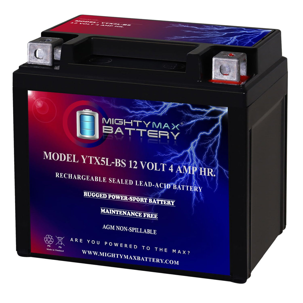 Mighty MAX Battery YTX5L-BS - Batería de Repuesto para Motocicleta (12 V, 4 Ah, 55 CCA)