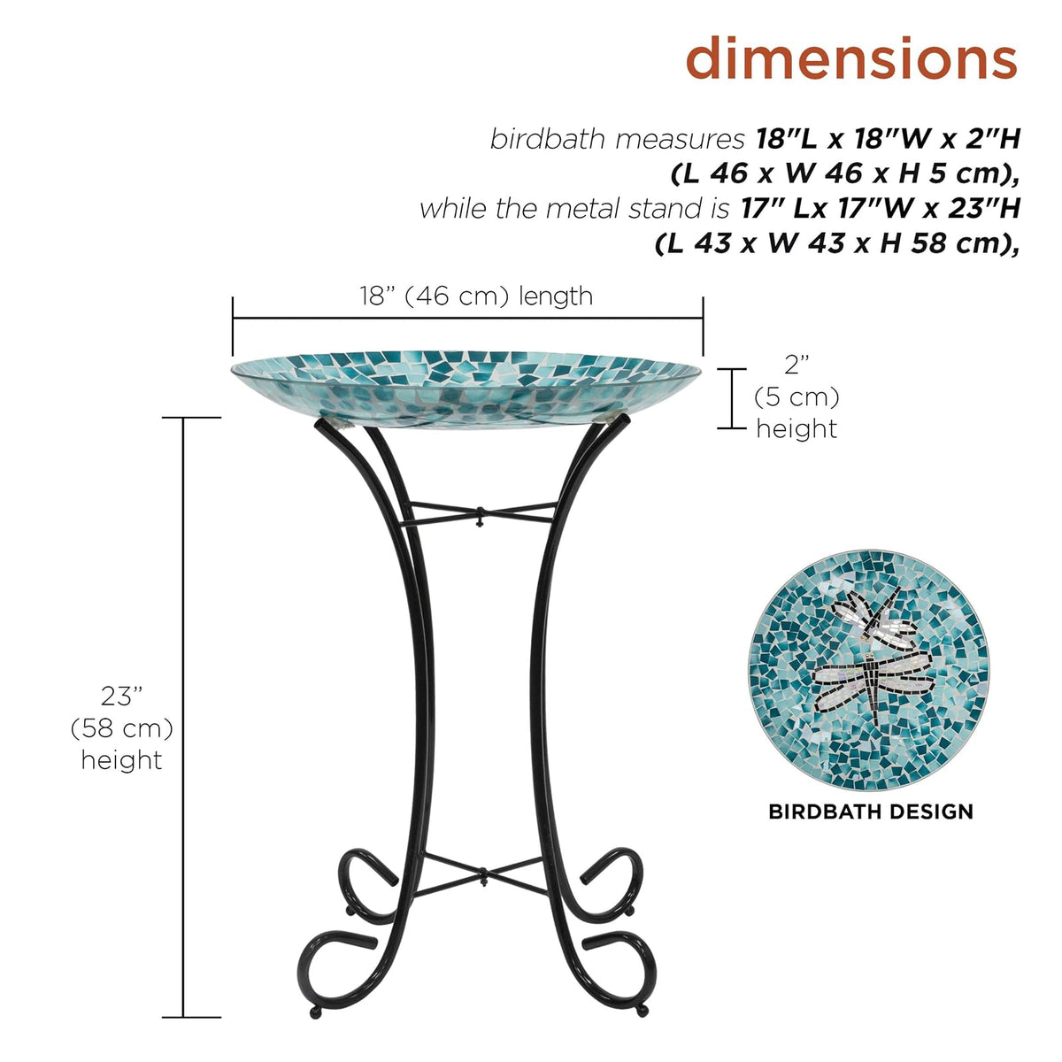Alpine Corporation 24" Tall Outdoor Mosaic Dragonfly Glass Birdbath Bowl with Metal Stand