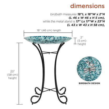 Alpine Corporation 24" Tall Outdoor Mosaic Dragonfly Glass Birdbath Bowl with Metal Stand