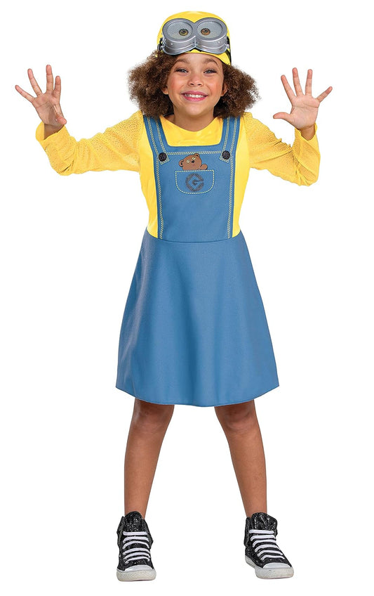 Bob Minion - Disfraz de niña para niños, traje oficial de esbirro con anteojos y sombrero, talla clásica L (10-12), multicolor