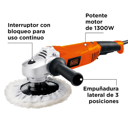 BLACK+DECKER Pulidora y Lijadora 7" (180mm) 1300W con Caja, WP1500K | Pulidora y Lijadora 7" (180mm), 1300W, Incluye Caja para Herramientas