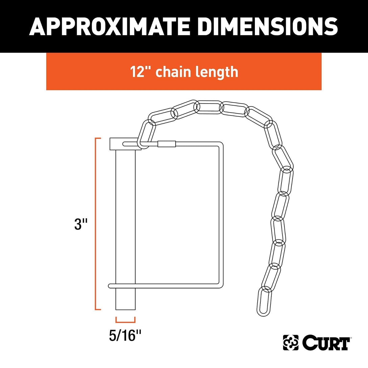 CURT Pin de Acoplador de Remolque con Cadena de 30 cm, 5/16 in x 3 in, Zinc Transparente 25035