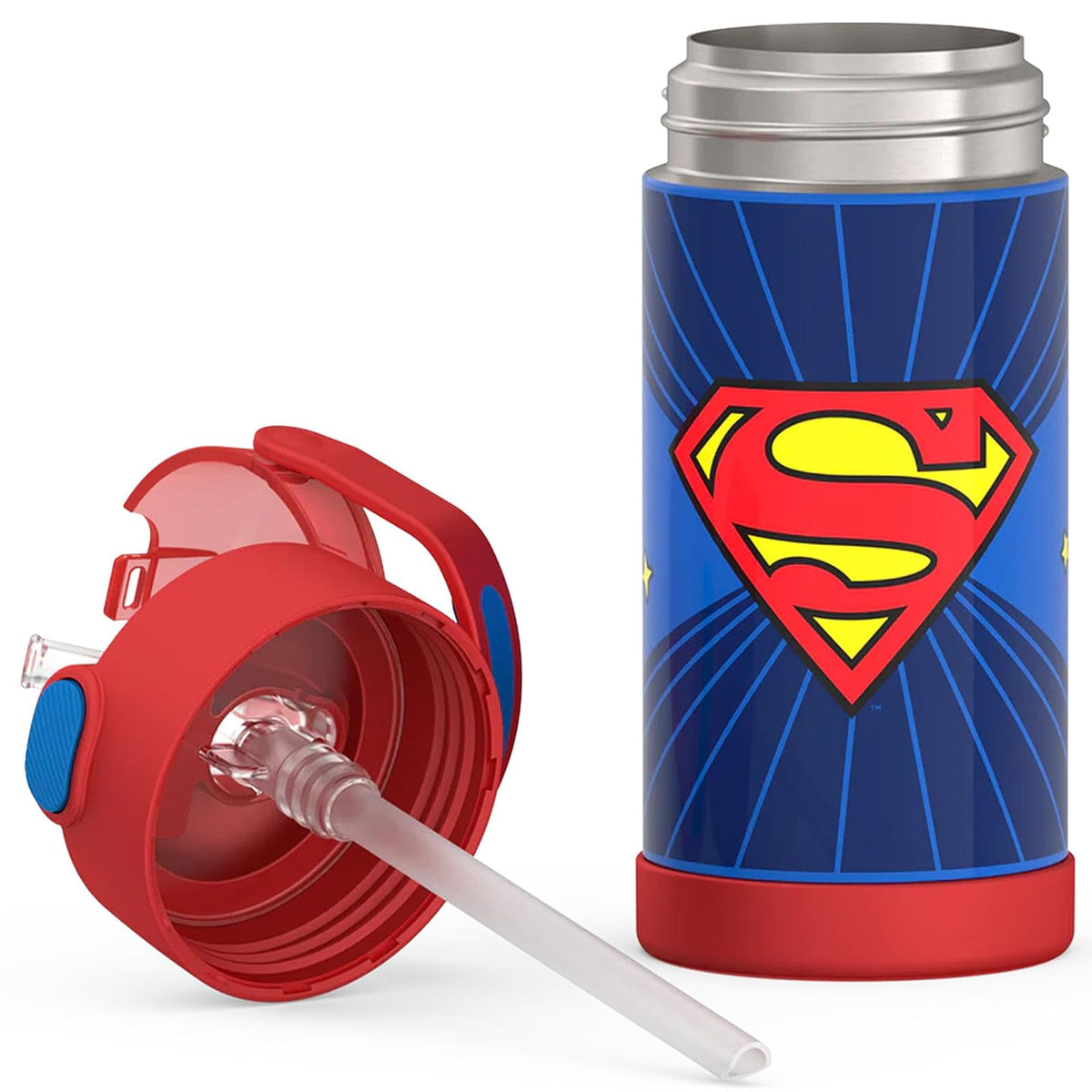 THERMOS FUNTAINER - Botella de agua con popote, 12 onzas, botella de agua aislada al aspiradora para niños, de acero inoxidable con tapa, Superman