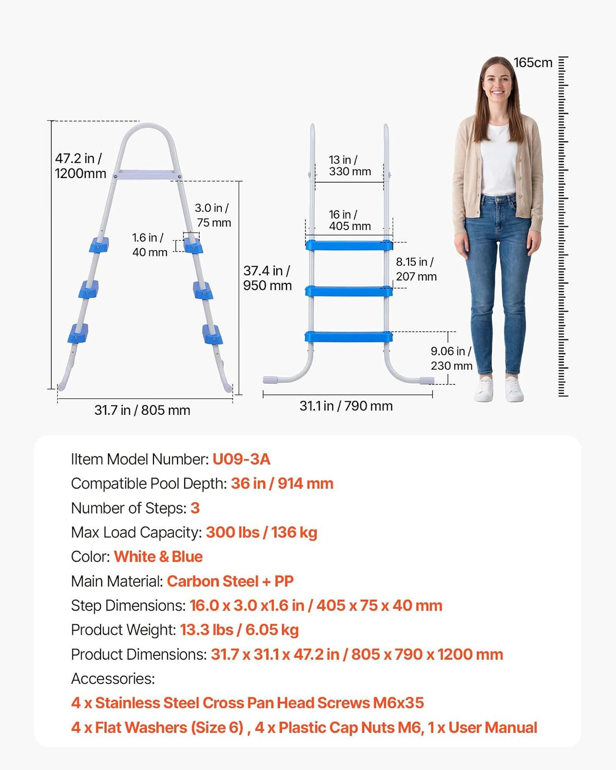 VEVOR Escalera para Piscina Desmontable de 3 Peldaños hasta 136 kg, Escalera de Seguridad de Acero al Carbono Antideslizante con Pasamanos Ergonómicos, Patas de Goma para Piscina Elevada de 91,4 cm