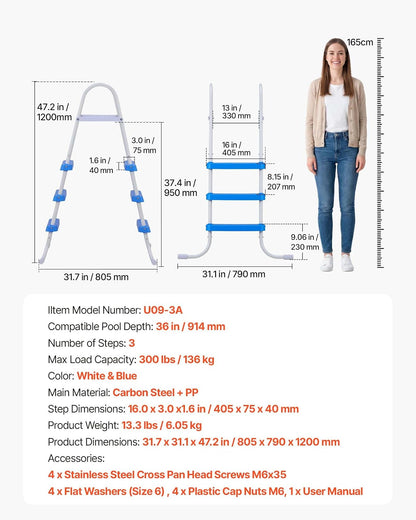 VEVOR Escalera para Piscina Desmontable de 3 Peldaños hasta 136 kg, Escalera de Seguridad de Acero al Carbono Antideslizante con Pasamanos Ergonómicos, Patas de Goma para Piscina Elevada de 91,4 cm