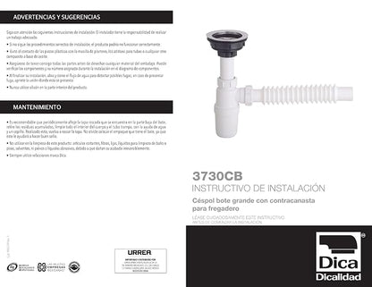 Dica 3730CB Céspol Flexible Bote Grande con Contracanasta para Fregadero, Trampa para Tarja con Tubo Flexible, Desagüe para Cocina, Plástica