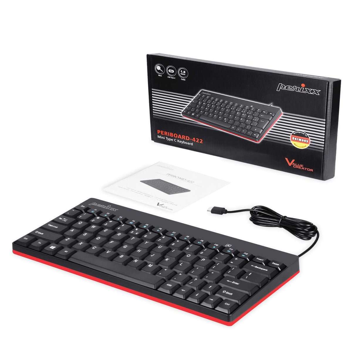 Perixx PERIBOARD-422 - Mini Teclado USB-C con Cable, Conector USB Tipo C, Color Negro, diseño en inglés Estadounidense