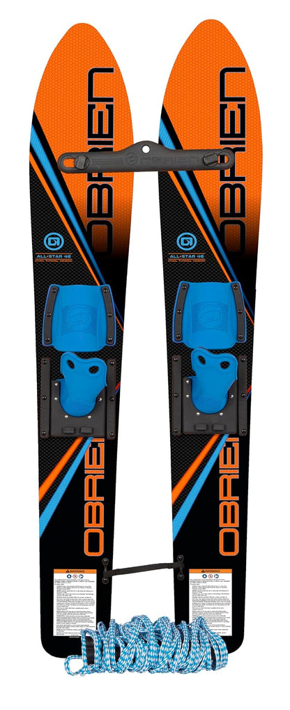 O'Brien Kids All-Star Trainer - Esquís acuáticos, 46 Pulgadas | Fijaciones junior para jinetes de hasta 80 libras, doble túnel con puntas de entrada en V, aletas moldeadas, mango incluido