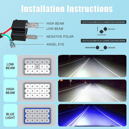 Lpteso RO-YY-4X6-4PCS-BL 4 Faros LED 4x6 in Haz Alto/Bajo con Halo Azul para Peterbilt Kenworth