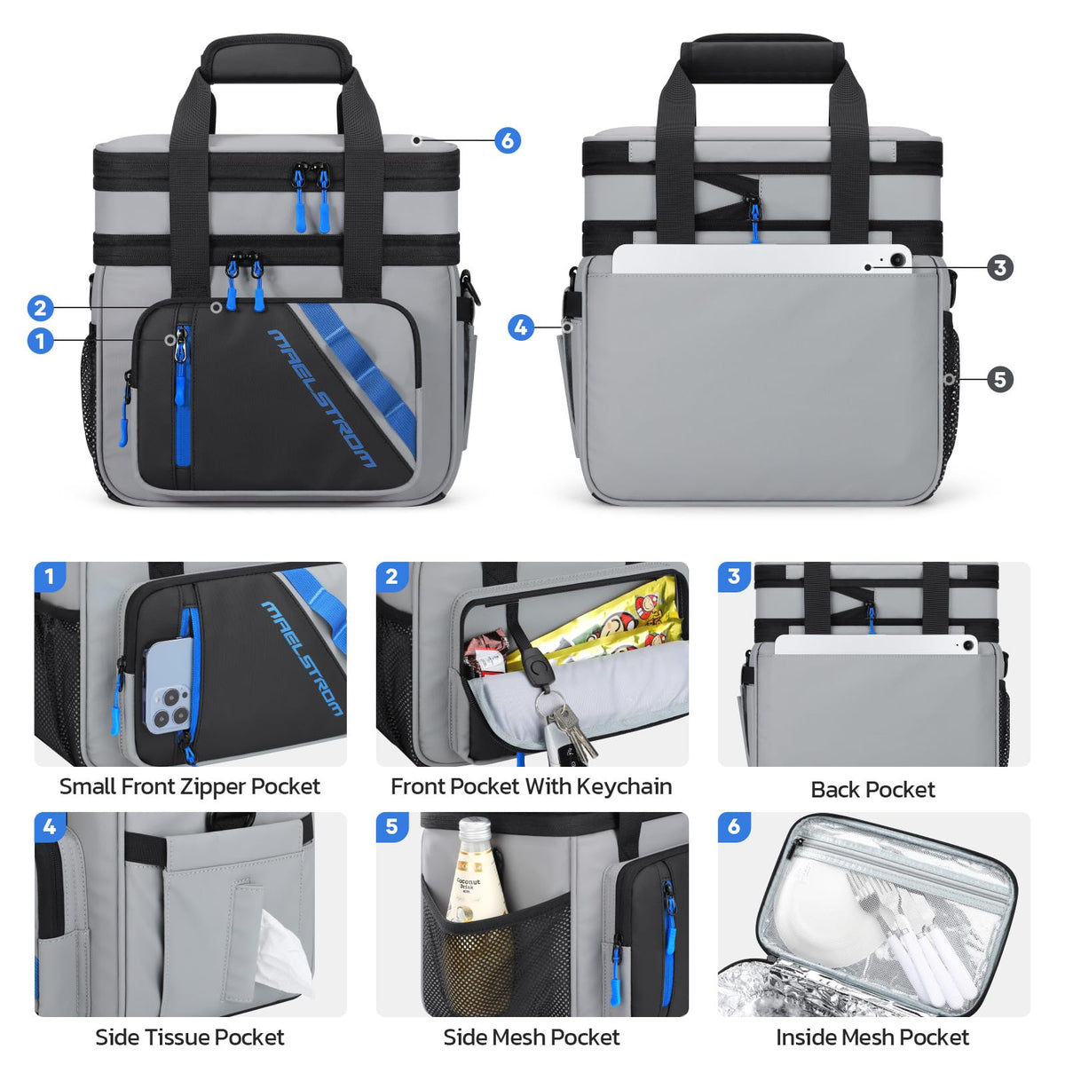 Maelstrom Caja de Almuerzo, Bolsa de Almuerzo Térmica 20L para Hombres y Mujeres, Bolsa Refrigerador Antifugas de Doble Compartimento Expandible con 6 Bolsillos, Bolsa Reutilizable para Trabajo y Picnic