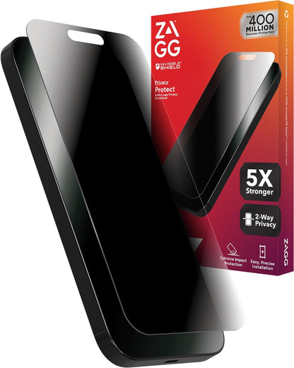 ZAGG InvisibleShield Glass Elite Privacy iPhone 15 Pro Max - Protector de visualización 5X más fuerte con bordes reforzados, filtro de privacidad de 2 vías, superficie resistente a arañazos y manchas,
