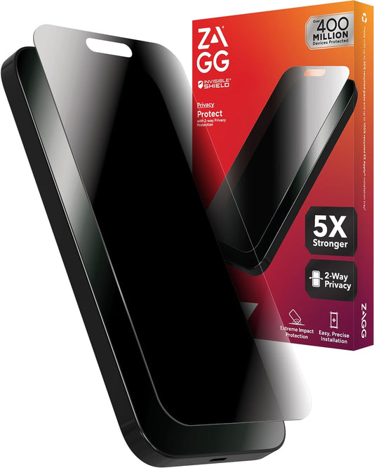 ZAGG InvisibleShield Glass Elite Privacy iPhone 15 Pro Max - Protector de visualización 5X más fuerte con bordes reforzados, filtro de privacidad de 2 vías, superficie resistente a arañazos y manchas,