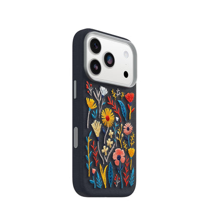 OtterBox - Funda de Piel Bordado para iPhone 17 Pro Symmetry Series | Funda para iPhone MagSafe con diseño bordado de jardín encantado azul, texturizado, bordado floral artístico