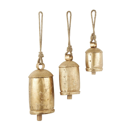 Deco 79 - Campana Decorativa de Vaca con Cuerda Colgante de Yute, de Metal Inspirado en Tibetano, Juego de 3 10 Pulgadas, 8 Pulgadas, 6 Pulgadas de Alto, Dorado