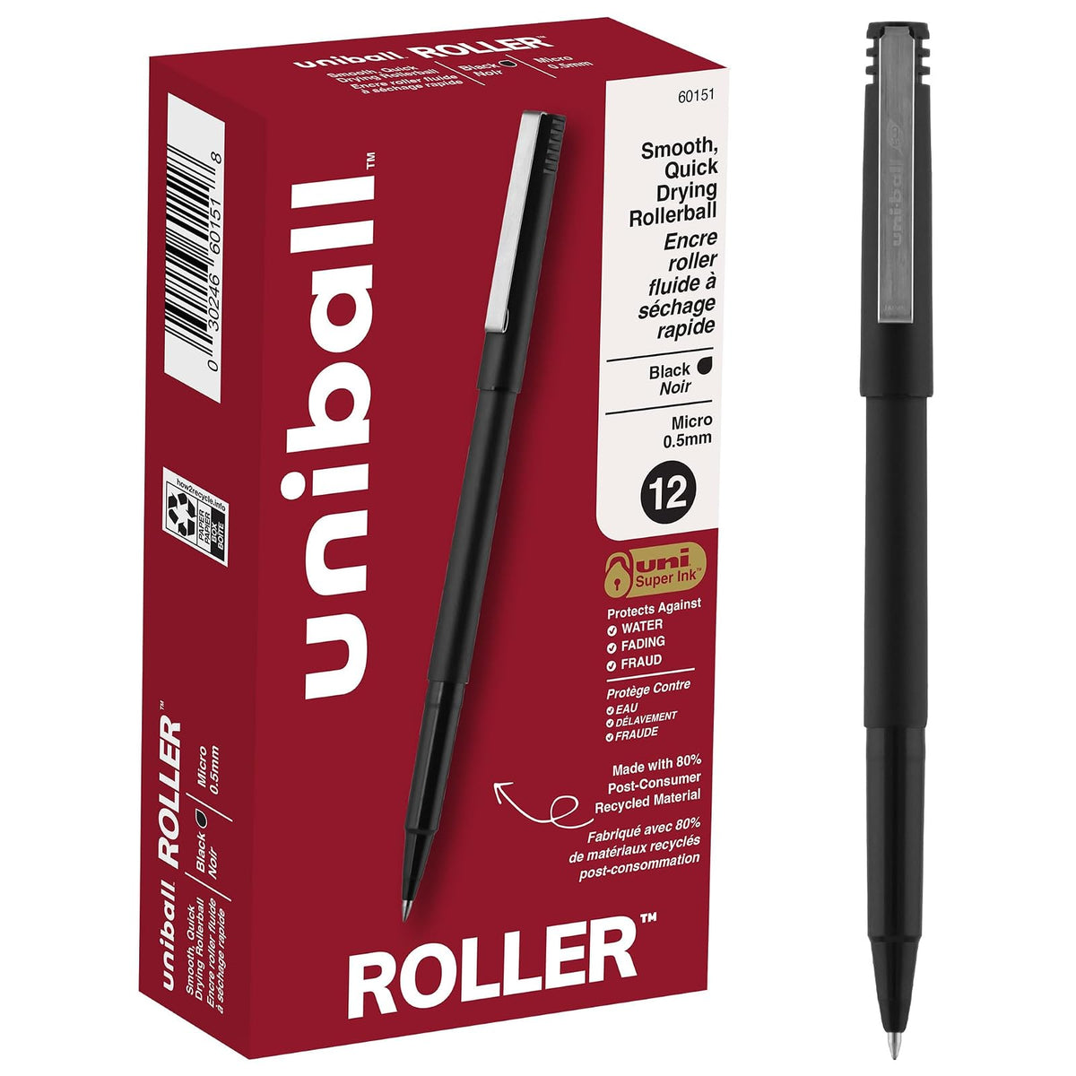 uni-ball Stick Micro Point Roller Ball Pens, Pack of 12 Black Ink Pens (60151)