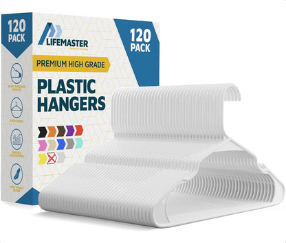 Lifemaster Plastic Clothes Hanger Set - 120 Pieces Versatile, Lightweight, Space-Saving, Non-Slip, Slim Designed, Dry and Wet Clothes Hanger Set - White - 120 Pack - Blanco