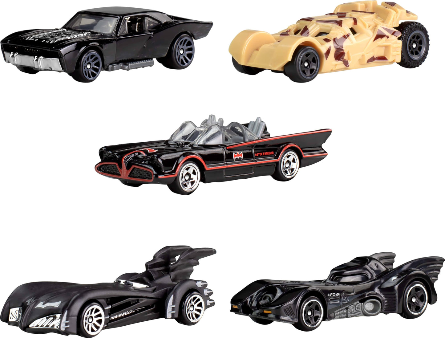 Hot Wheels - Coches de Juguete fundidos a Escala 1:64, Juego de 5 vehículos Batman 85 Aniversario con 5 réplicas Diferentes de Batmobile en Embalaje conmemorativo