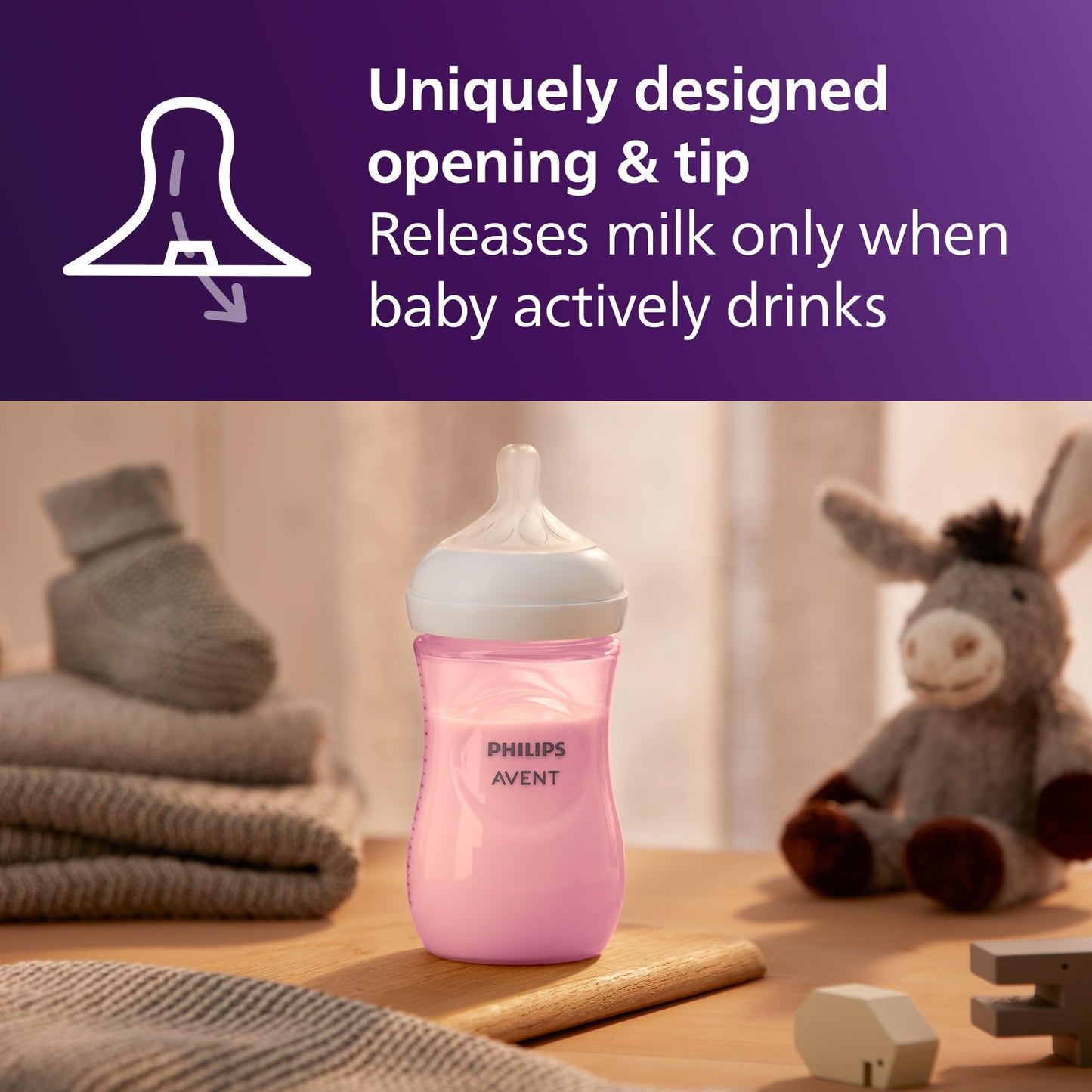 Philips Avent Biberón Natural Response con válvula anticólicos, color rosa, 9 oz/260 ml, 1 ml+, Flujo 3 Medio. 4 piezas, SCY903/14