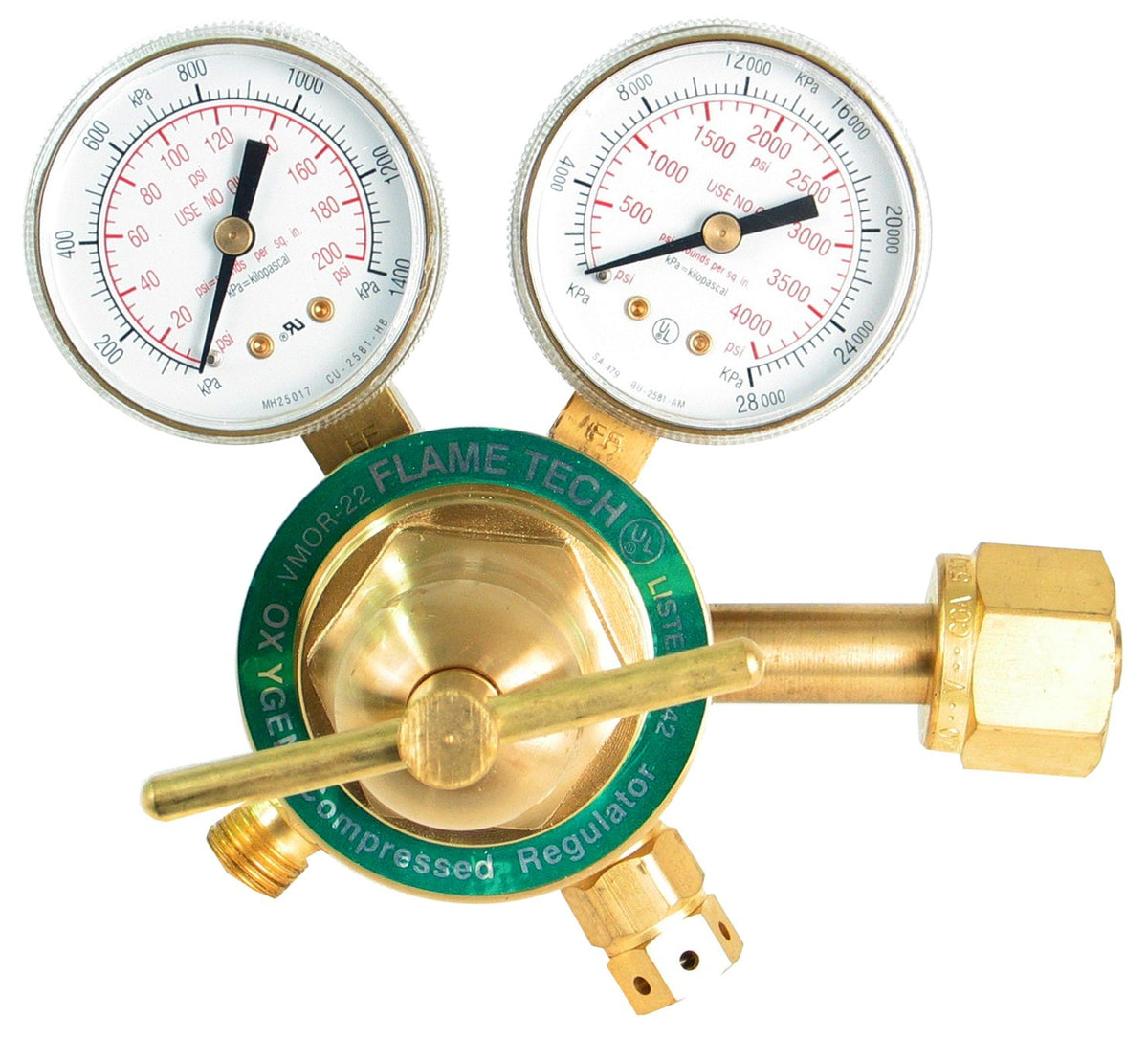 Flame Tech Regulador de oxígeno, de servicio medio, latón forjado | Rosca CGA 540, escala doble, calibre de 2 pulgadas, entrega de 5-125 PSI, lente acrílica, 7.6 x 6.8 x 4.6 pulgadas