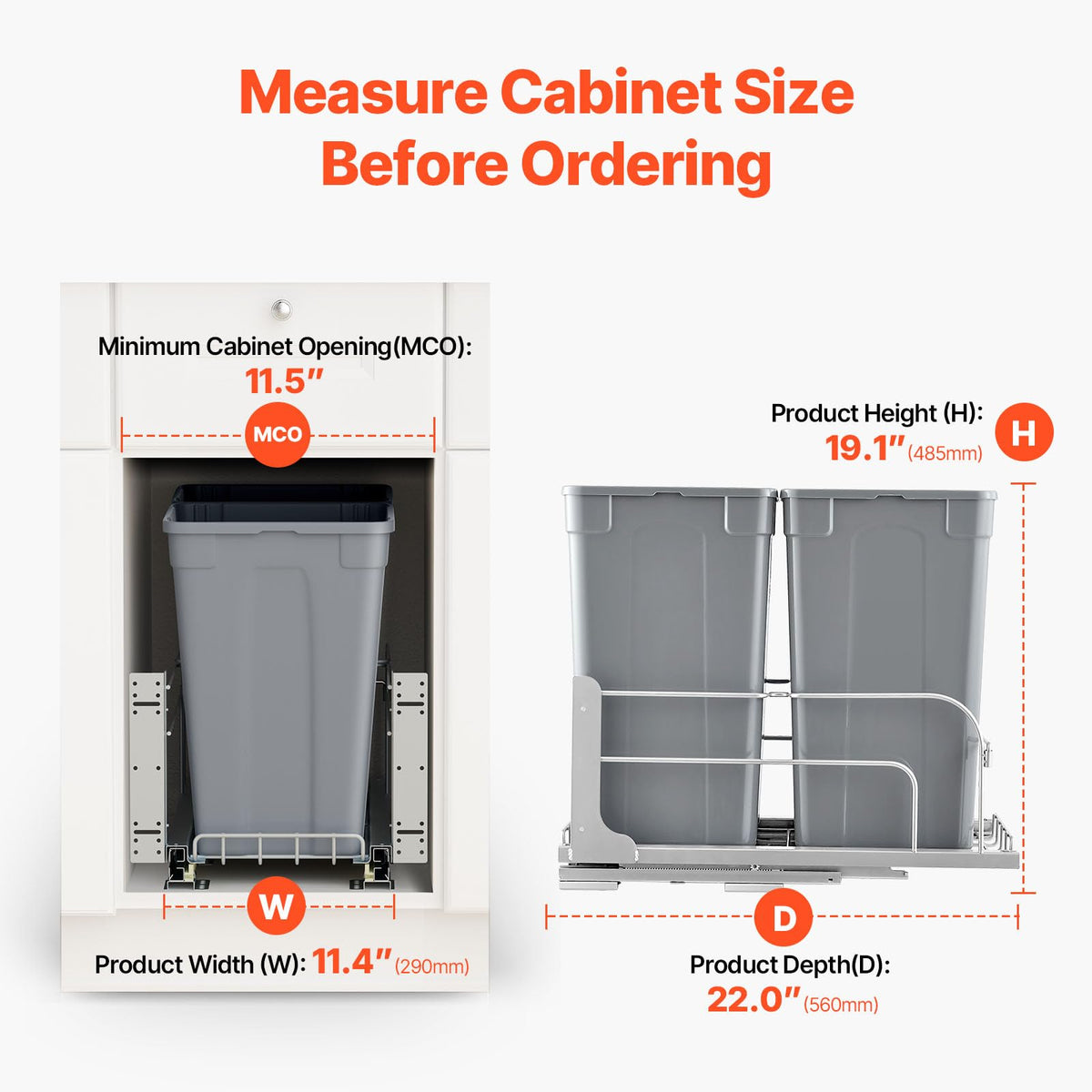 VEVOR Cubo de basura extraíble, 27 cuartos de galón x2, contenedor doble | Para residuos y reciclaje, con kit de puerta y corredera de cierre suave, para armario de cocina, fregadero, color gris.