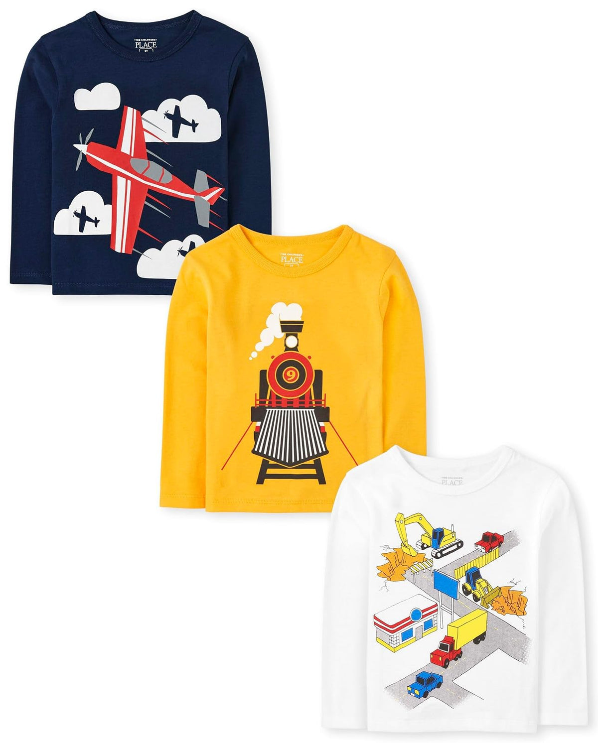 The Children's Place Playera Manga Larga Bebé Paquete de 3 - 2T - Avión - tren - vehículos paquete de 3