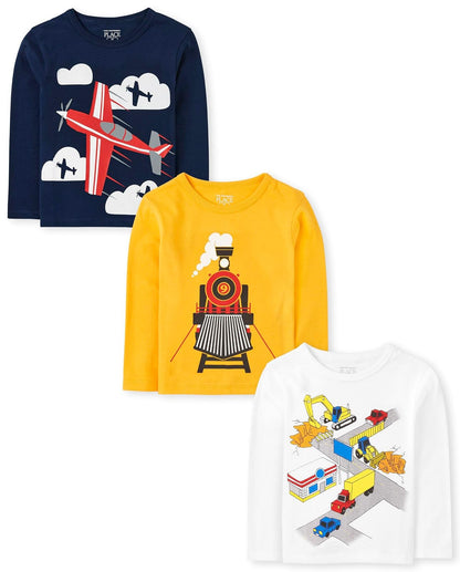 The Children's Place Playera Manga Larga Bebé Paquete de 3 - 2T - Avión - tren - vehículos paquete de 3