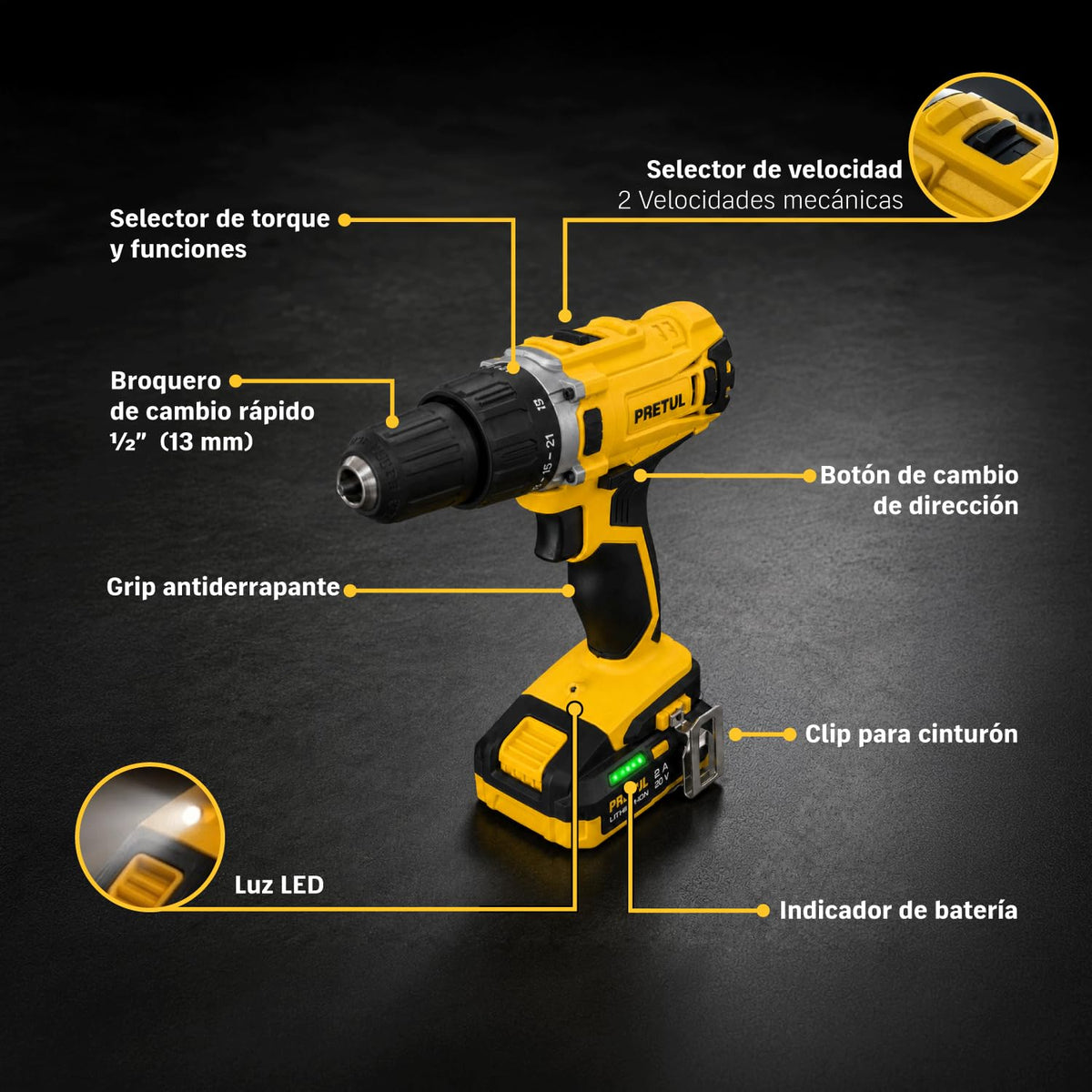 PRETUL TALI-20P2, Taladro/destornillador 1/2", 20V con 1 batería de 2Ah