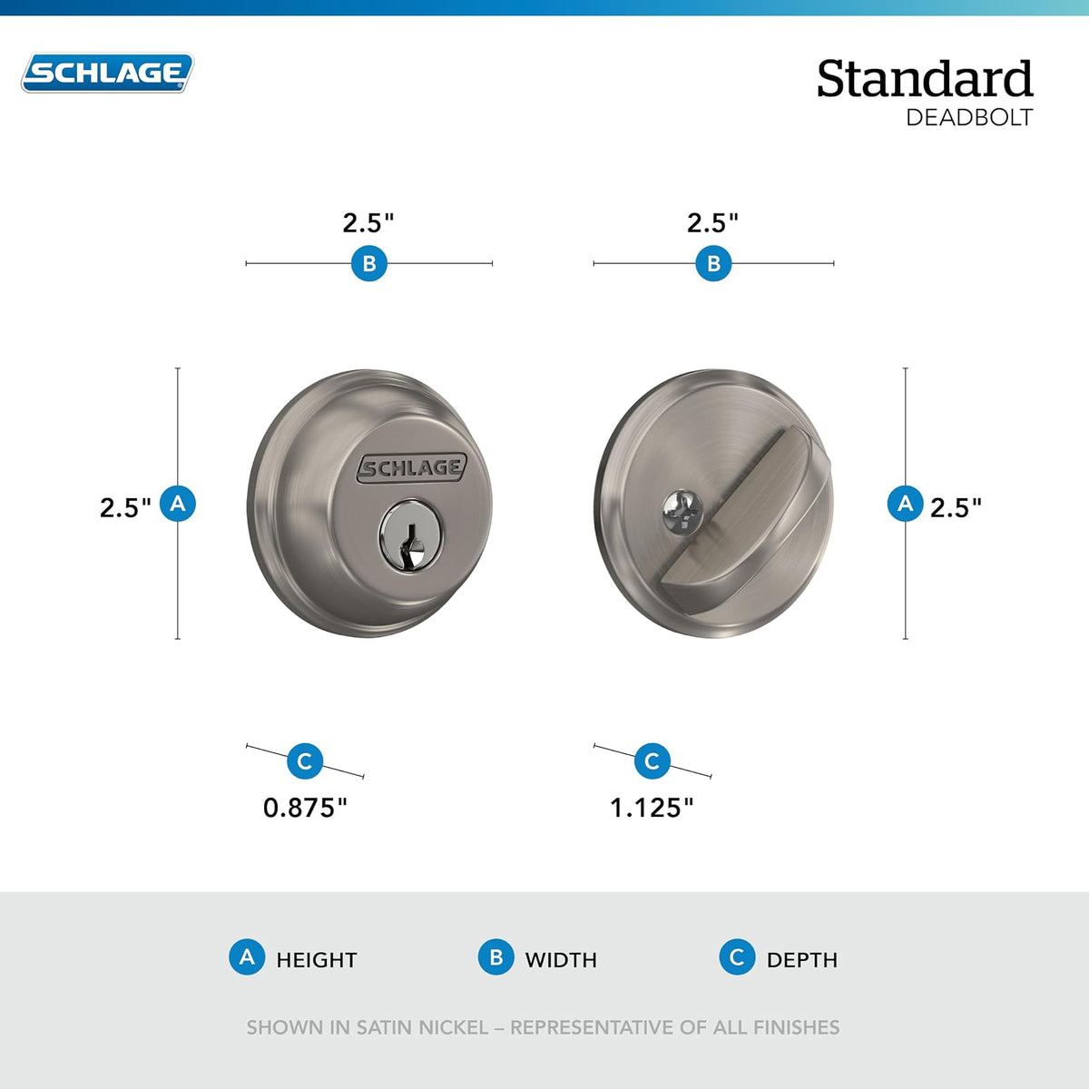 Schlage Deadbolt, llave 1 lado, Keyed-1-Side_, Bright Chrome | Cerrojo de un solo cilindro con llave exterior y giro en el pulgar en el interior, ajuste universal, la más alta seguridad