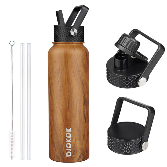 BJPKPK - Botellas de agua aisladas con tapa de popote, botellas de agua de acero inoxidable de 40 onzas con 3 tapas, termo a prueba de fugas, vasos para deportes, gimnasio, madera de teca