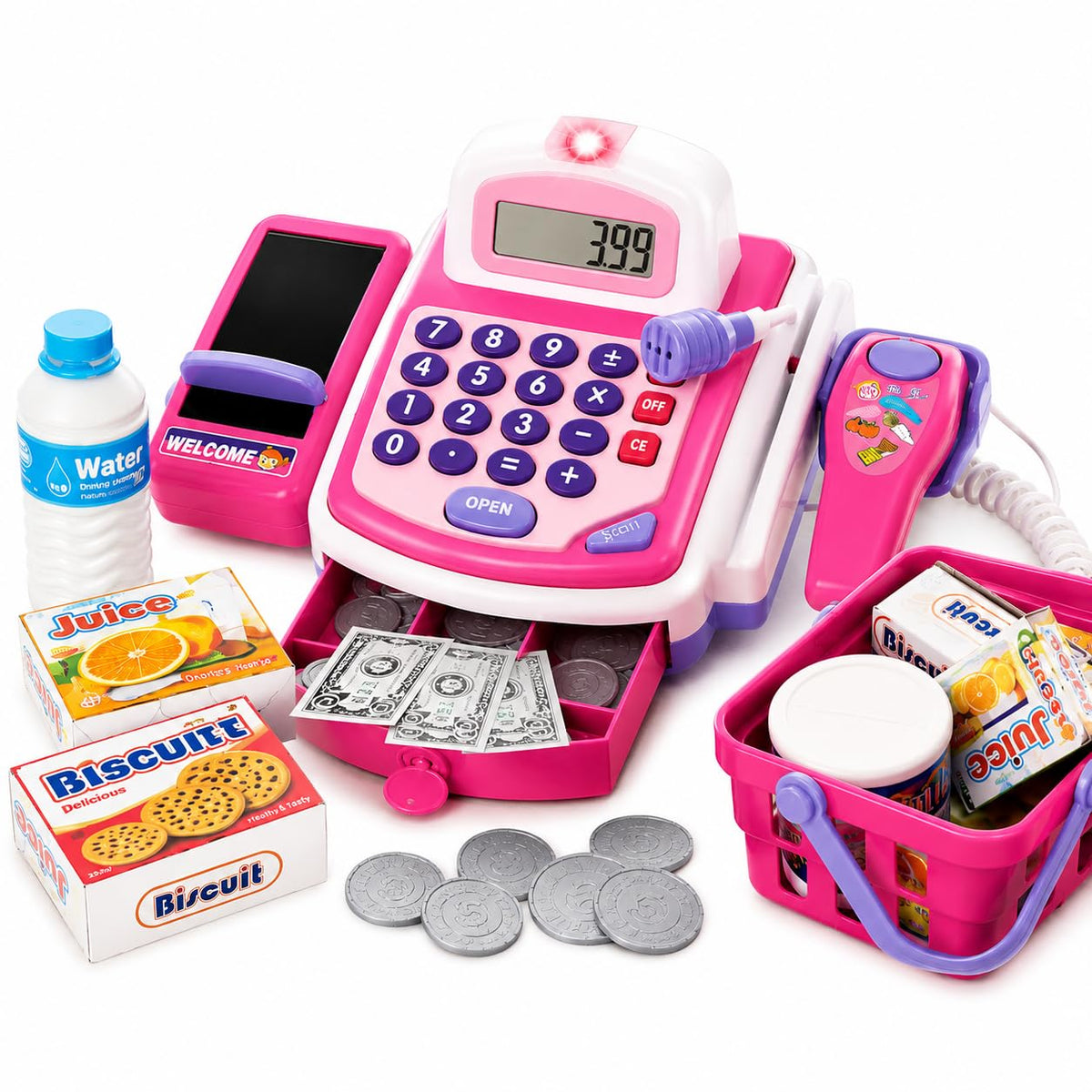 Prextex - Juguete Electrónico Pretend Play, Caja Registradora, Juguete Con Micrófono, Altavoz Y Dinero Ficticio Incluidos Para Niños