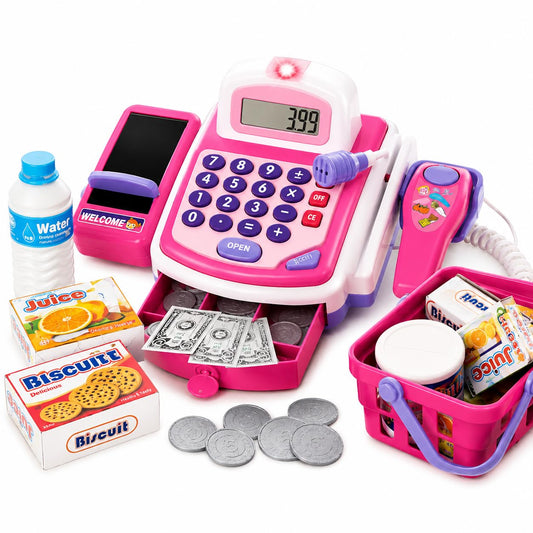 Prextex - Juguete Electrónico Pretend Play, Caja Registradora, Juguete Con Micrófono, Altavoz Y Dinero Ficticio Incluidos Para Niños