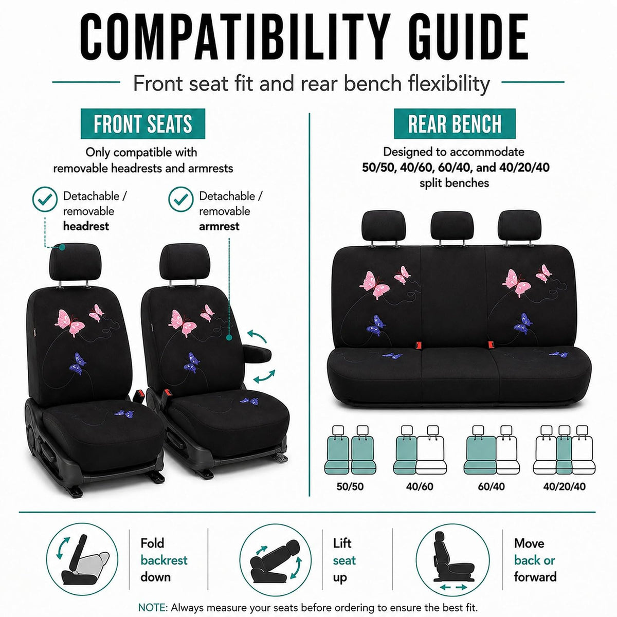 FH GROUP FB055114 Black Butterfly Embroidery Car Seat Cover (Full Set)