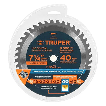 Truper ST-740, Disco sierra p/madera 7-1/4", 40 dientes, centro 5/8"