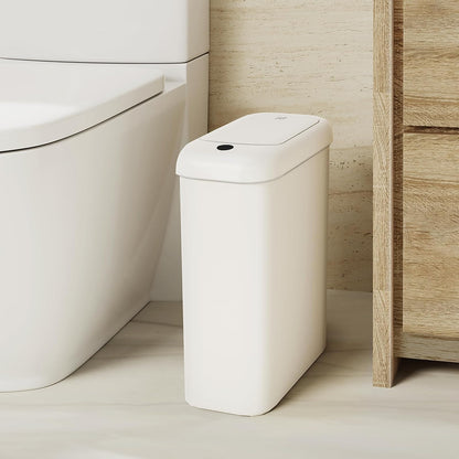 EKO - cubeta de basura automático para baño con tapa, 2.6 galones delgado sin tacto, cubeta de basura con sensor de movimiento impermeable para baño, oficina, cocina, color blanco