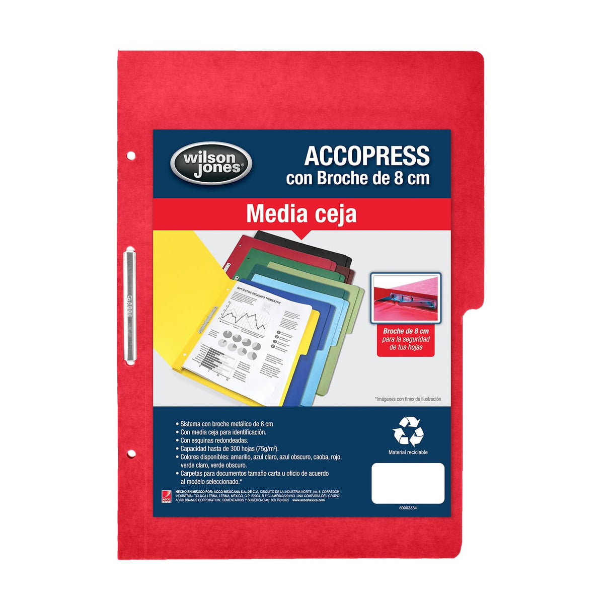 Wilson Jones/Carpeta Accopress Folder con Broche de 8 cm. 300 Hojas. Rojo 140 pzas. Oficio. P4568