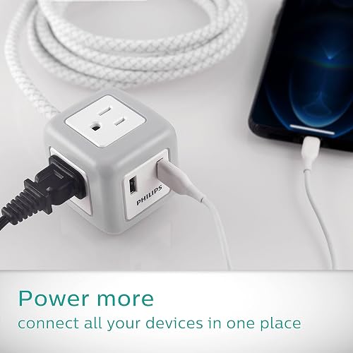 Philips SPS3102WB/37 - Cable de extensión de cubeta de 10 pies, Enchufe Plano de 3 tomacorrientes con 2 Puertos USB, Gris/Blanco
