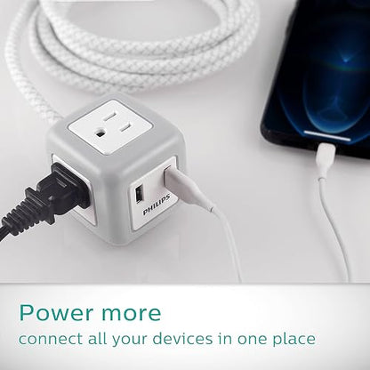 Philips SPS3102WB/37 - Cable de extensión de cubeta de 10 pies, Enchufe Plano de 3 tomacorrientes con 2 Puertos USB, Gris/Blanco