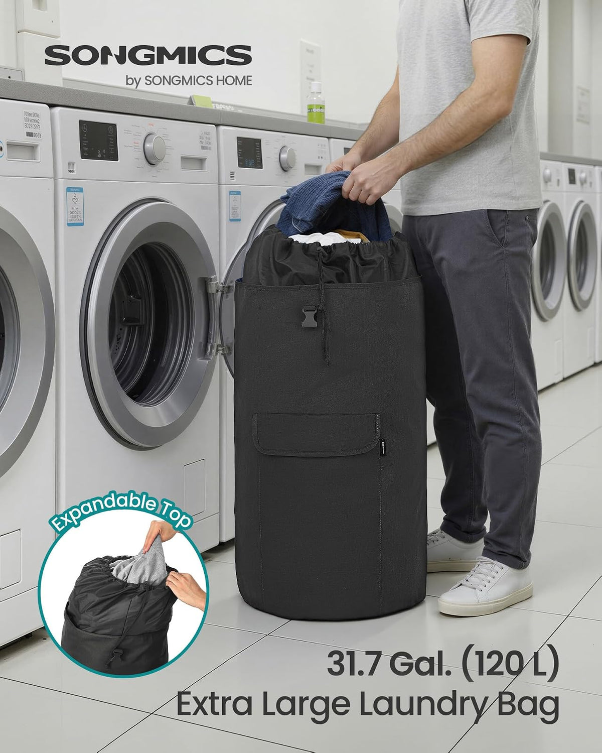 SONGMICS - Bolsa de lavandería, mochila de lavandería de 31.7 galones (120 l), resistente, grande con parte superior extensible, tela Oxford, correas anchas para los hombros y bolsillo con solapa