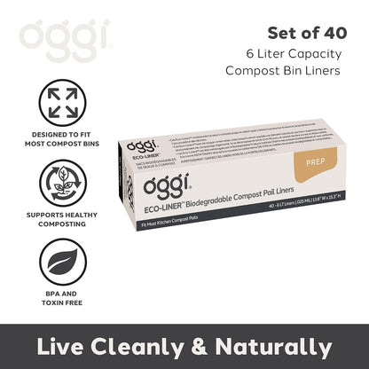 OGGI Eco-Liner - Bolsas compostables - Caja de 40 forros para encimera de compostaje con tapa, bolsas compostables de 6 litros, productos ecológicos, bolsas que cumplen con las normas internacionales OK Compost Home