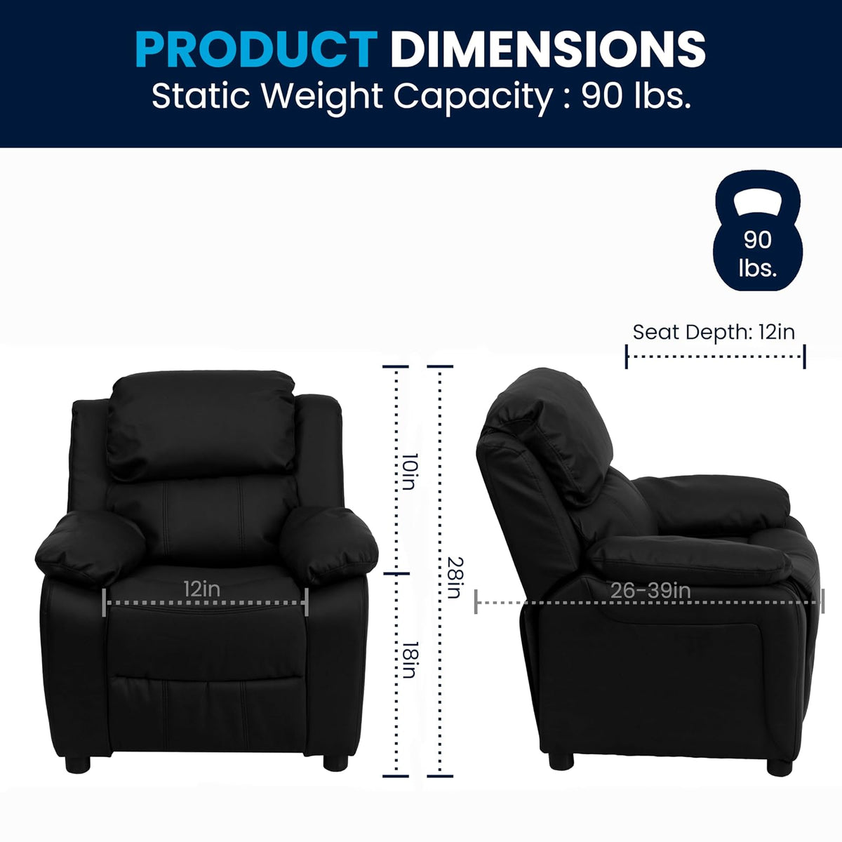 Flash Furniture - Sillón reclinable acolchado de lujo contemporáneo de cuero negro para niños con brazos de almacenamiento