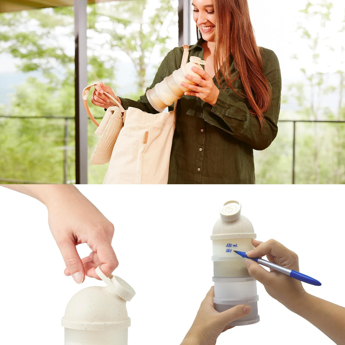 Babymoov Babydose Dosificador de Fórmula para Bebé, Contenedor Apilable de Leche en Polvo para Biberones, Organizador de Alimentación y Viaje, Arena Mineral