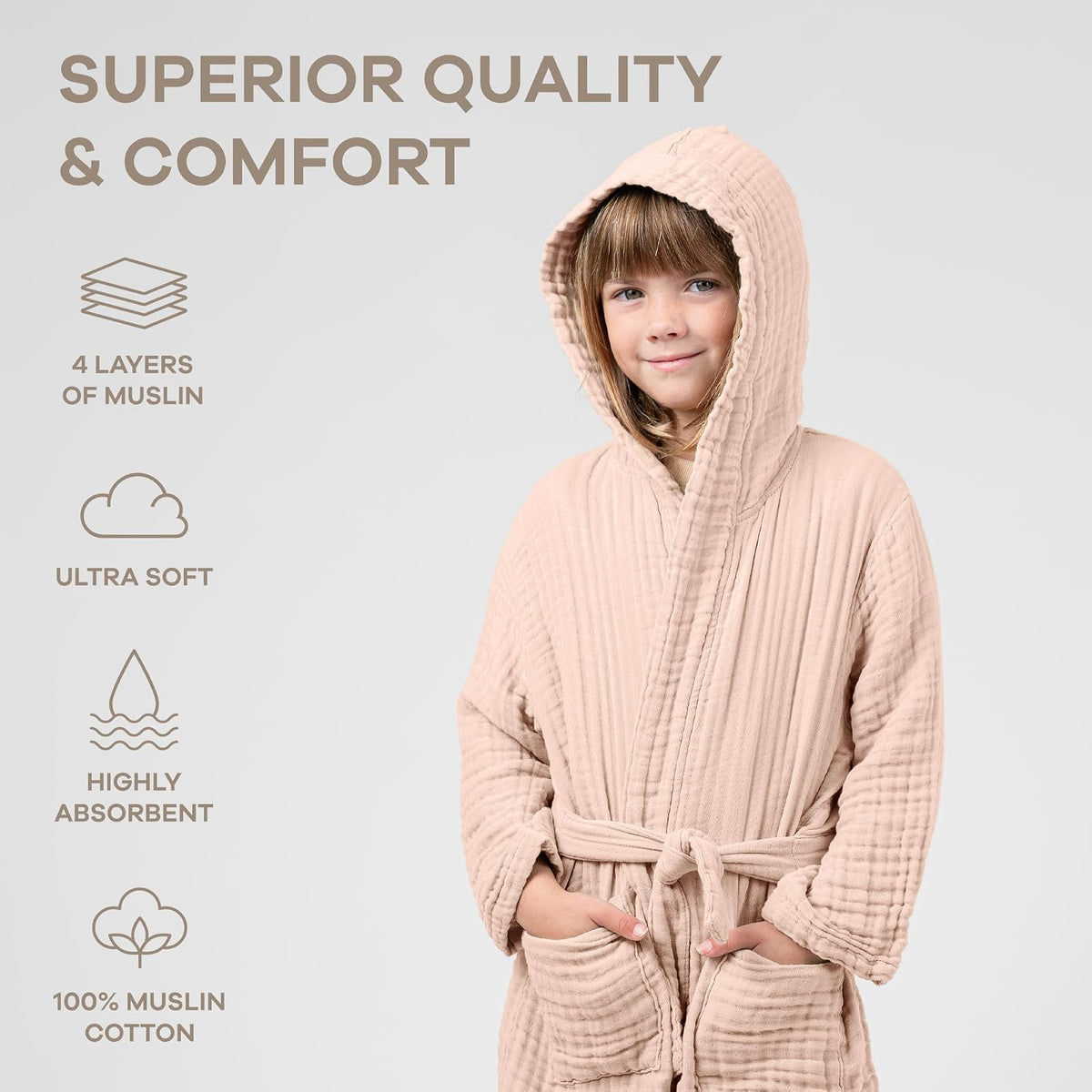 Comfy Cubs Muslin Bath Robe for Kids, 2-3 Years - 100% Cotton, 4-Layer Absorbent Muslin Fabric with Pockets and Belted - Ideal Cotton Bathrobe for Bath or Relaxing at