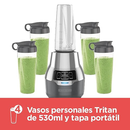 Black+Decker Licuadora Personal 600W con Tecnología Silenciosa, PB2004G | 4 vasos personales de 500Ml, 2 velocidades más función pulso y cuchillas de acero inoxidable