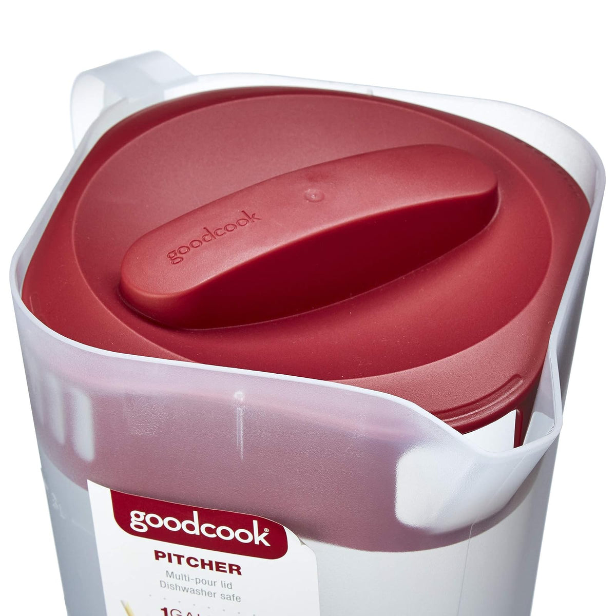 Goodcook 10658 - Jarra de plástico de 1 galón con 3 coladores y cierre sin derrames, apto para lavaplatos, transparente y rojo