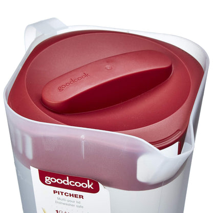 Goodcook 10658 - Jarra de plástico de 1 galón con 3 coladores y cierre sin derrames, apto para lavaplatos, transparente y rojo