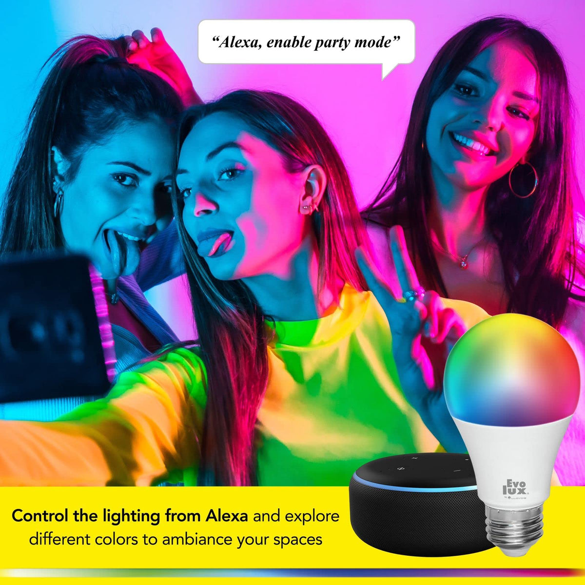 Evolux by Lloyd's Foco LED Inteligente, WiFi A19, Configuración Automática, Redes de 2.4 GHz, Dimmeable, Compatible con Alexa, Multicolor + Luz Blanca Fría y Cálida